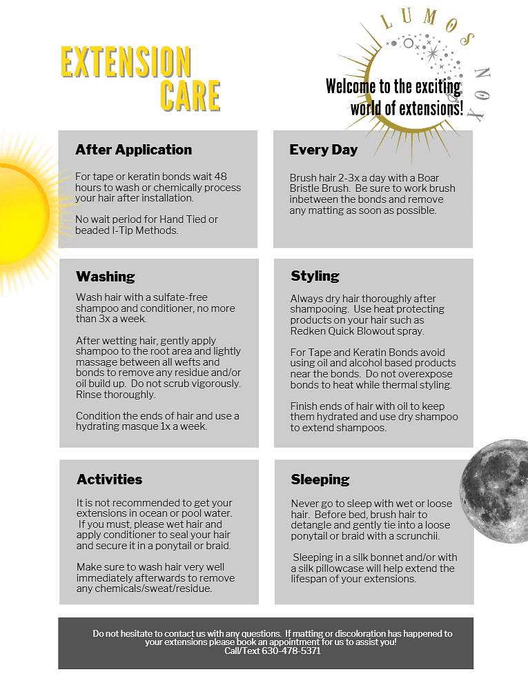 Extension care tips: washing, after application, styling, everyday care, activities, and sleeping.