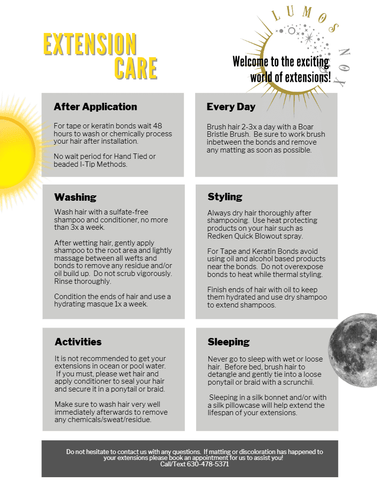 Extension care tips: washing, after application, styling, everyday care, activities, and sleeping.